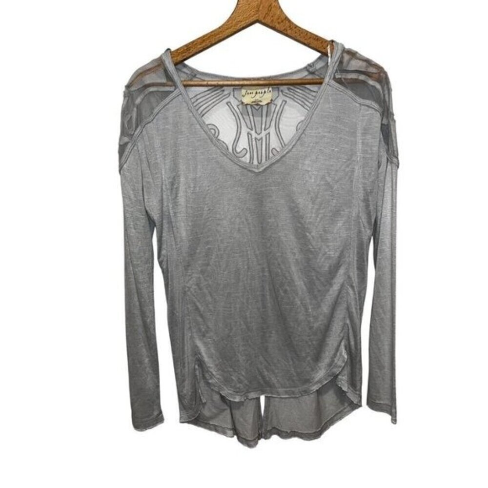 Free People Grey Sheer Long Sleeve Top With Mesh Shoulders & Embroidery Small
